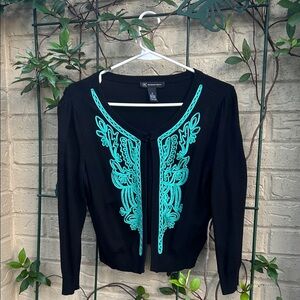 INC International Concepts Black Sweater with Turquoise Detailing
